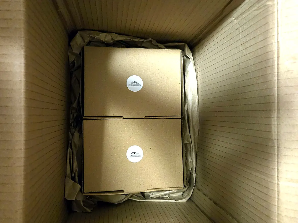 Zwei Versandschachteln mit Logo-Aufkleber, gepolstert im Versandkarton